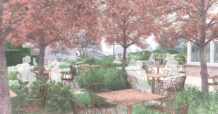 Artist impression of outdoor seating area at Vinery Restaurant, Raby Castle